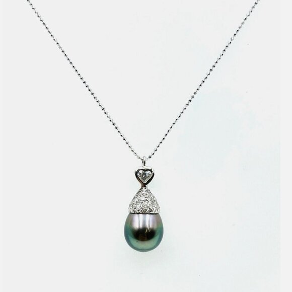 14K White Gold Drop Heart and Round Diamond and Pearl Drop Pendant Necklace - Picture 1 of 4